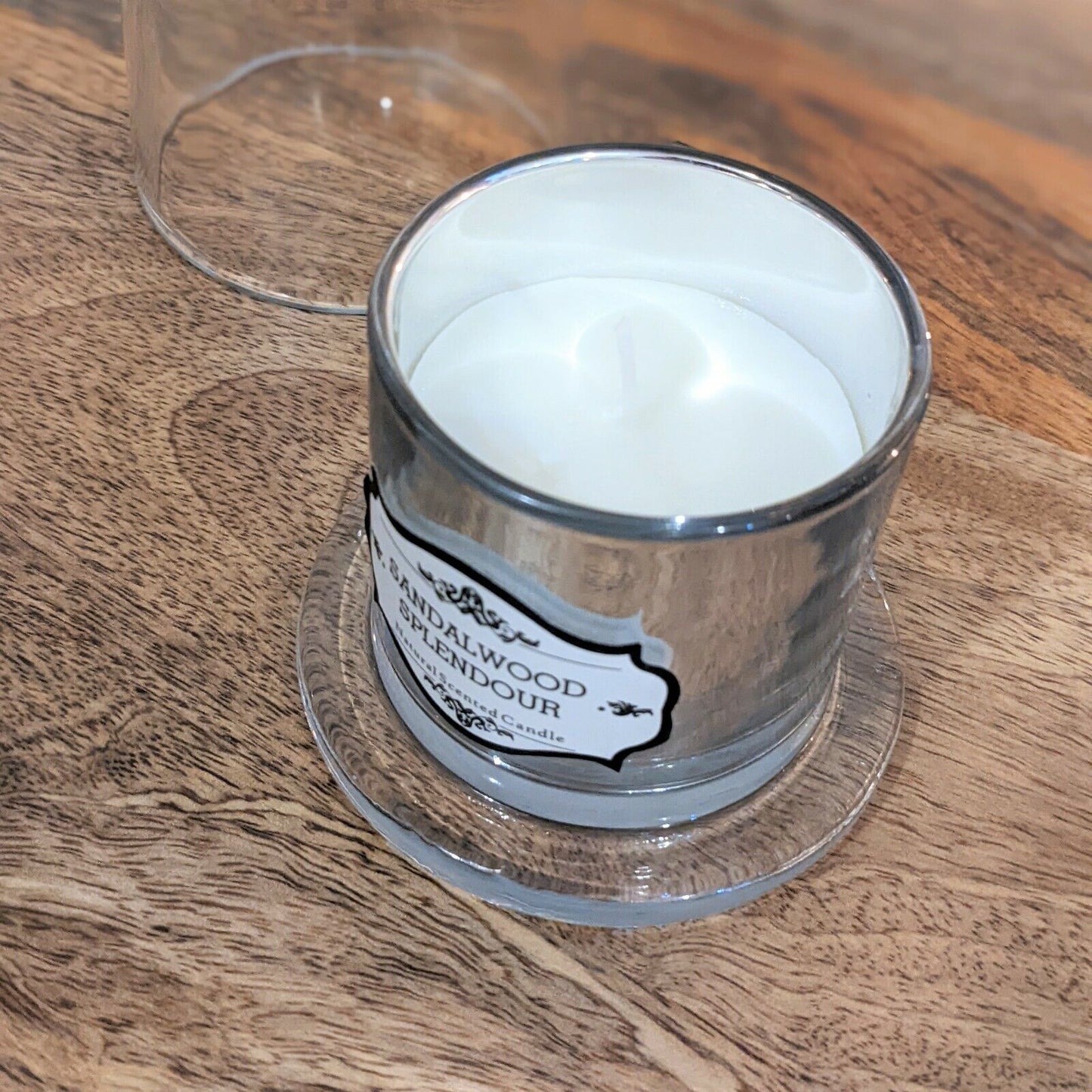 Scented Glass Candle Sandalwood Splendour Natural Candle With Bell Cloche Lid