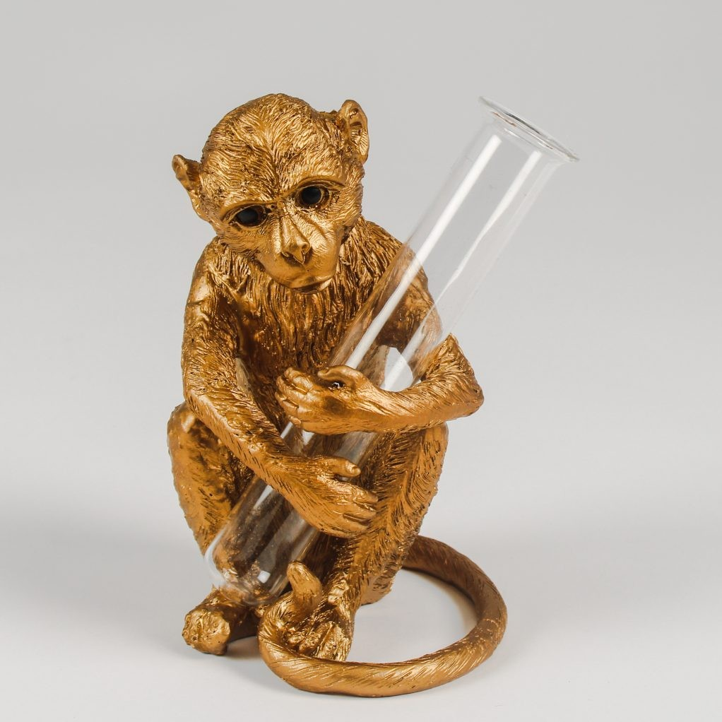 Resin Gold Monkey with Slim Glass Vase in Hands Lone Flower ShelfSitter Ornament