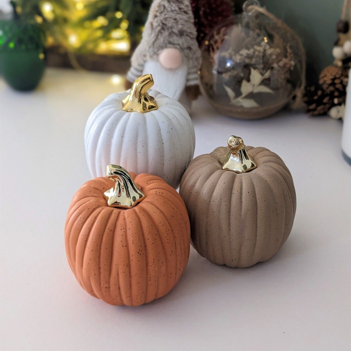 8cm Autumn Harvest Halloween Decor Pumpkin Rustic Ceramic Gold Stem Ornament