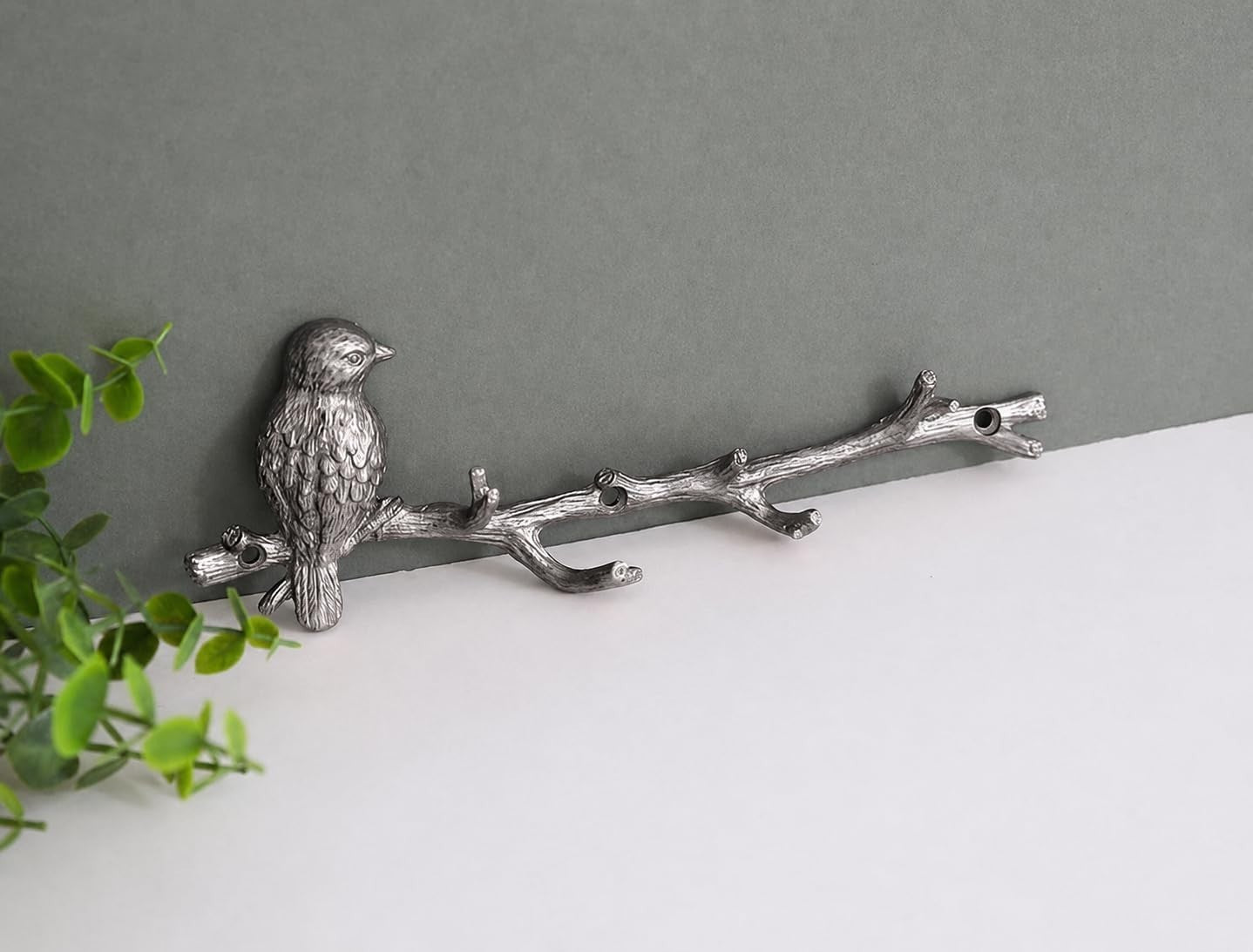 Metal Silver Bird on Branch 6 Hooks Coat Key Lead Hanger Rack Wall Mounted Hook