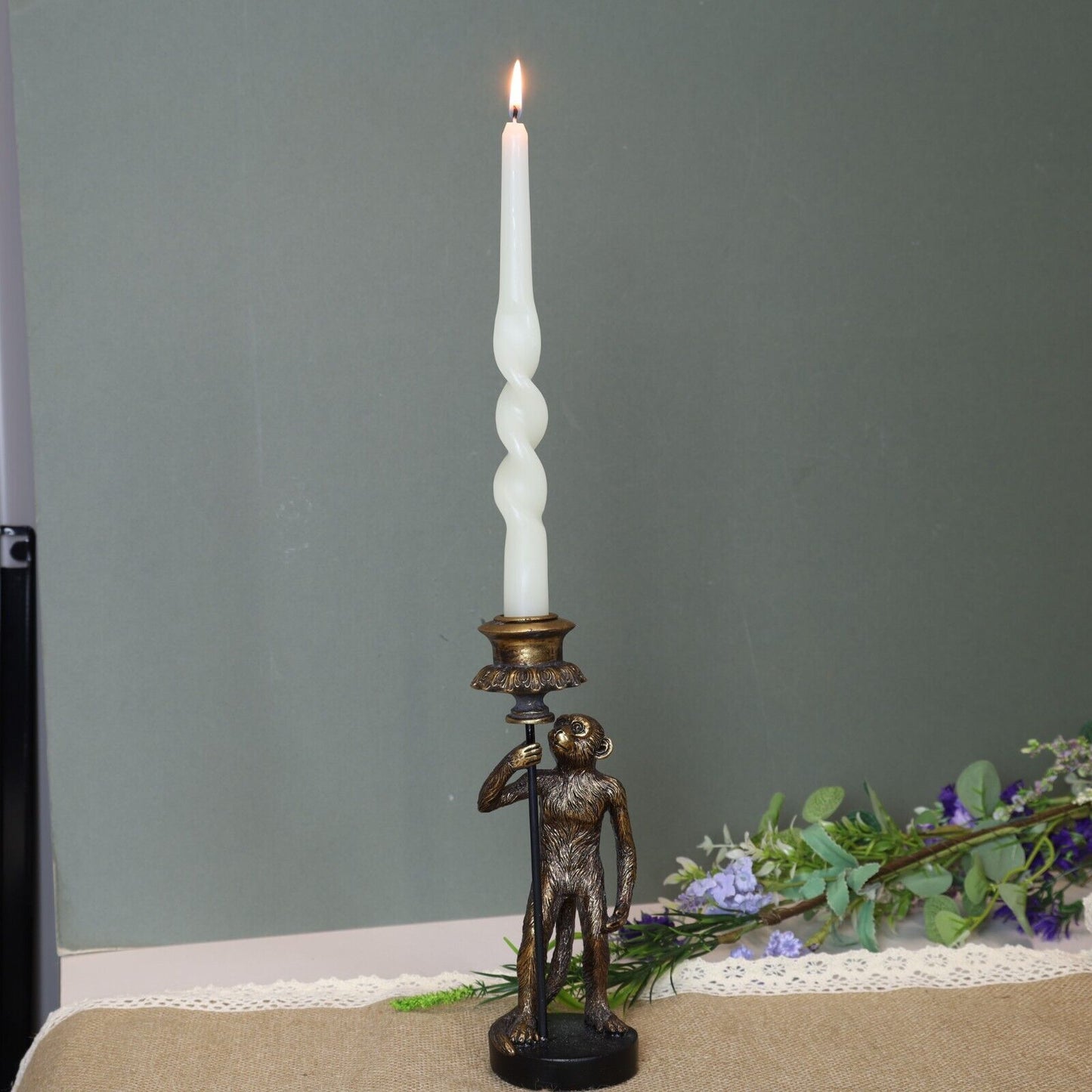 24cm Antique Copper Resin Monkey Tapered Candle Stick Holder Animal Statue
