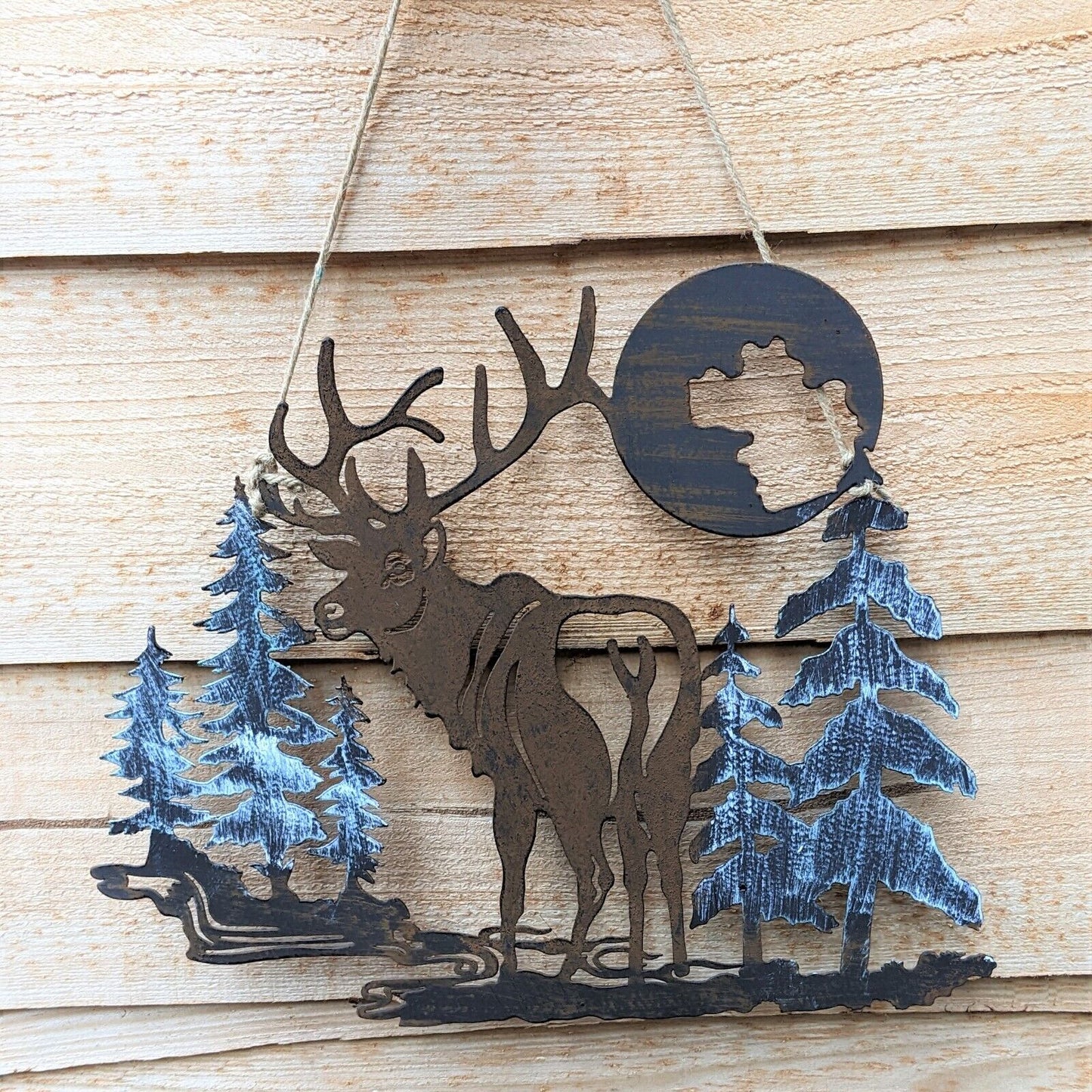 Stag Highlands Scene Metal Cut Out Rustic Design Christmas Decor Wall Hanging