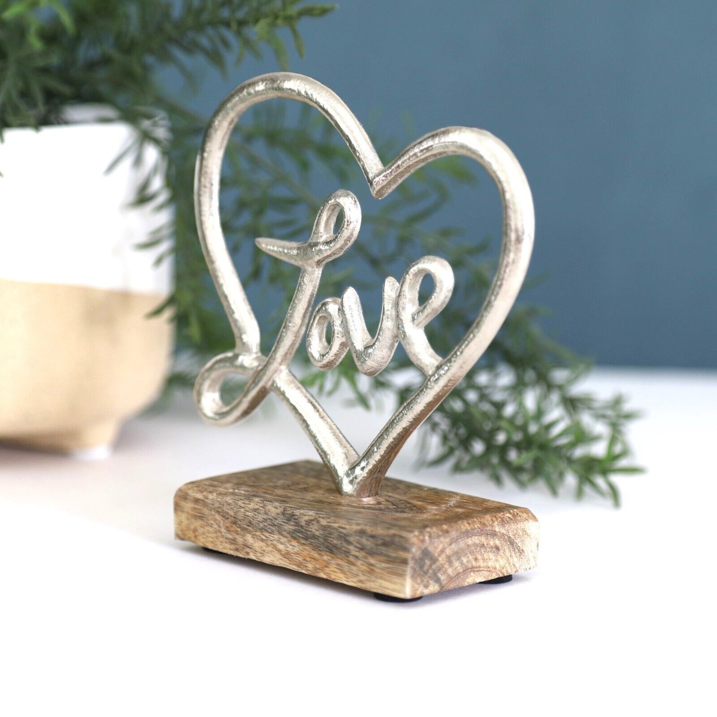 13.5cm Silver Heart with Love on Wooden Plinth Home Decor Ornament Figurine