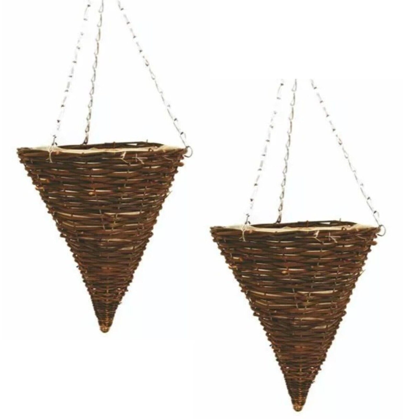 2Pc Cone Dark Brown Wicker Hanging Baskets 36cm, 14" Lined Rattan Willow Planter