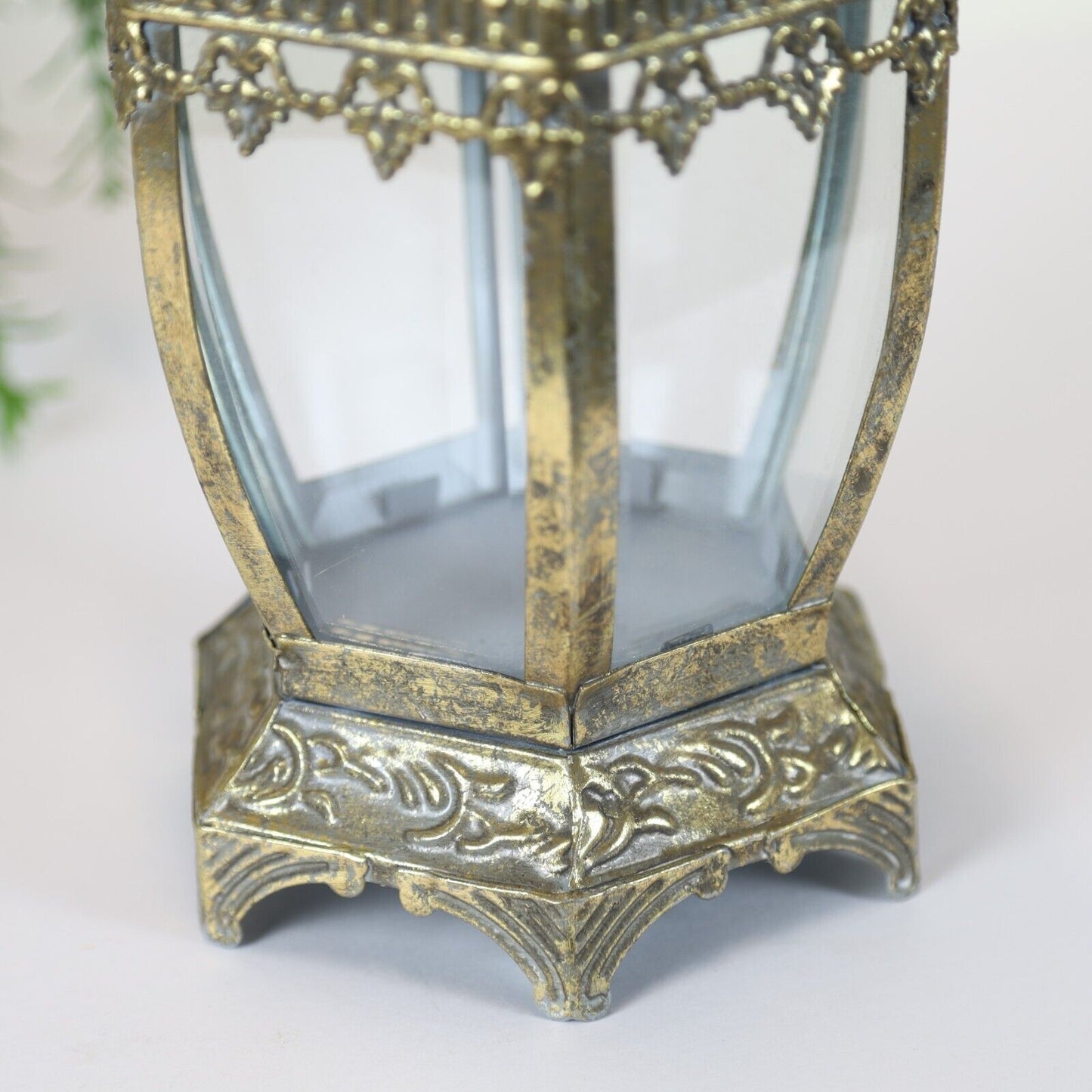 Gold Tealight Vintage Candle Metal Lantern Hexagonal Pillar Glass Antique Style