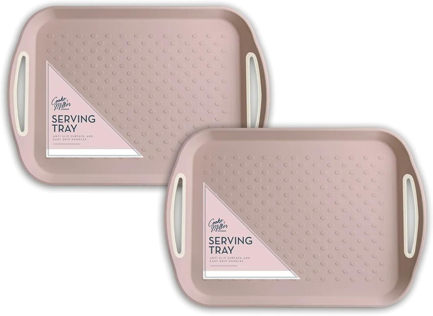 2Pc Pink Plastic Anti Slip Serving Tray Rubber Easy Grip Handle Wipe Clean Tray