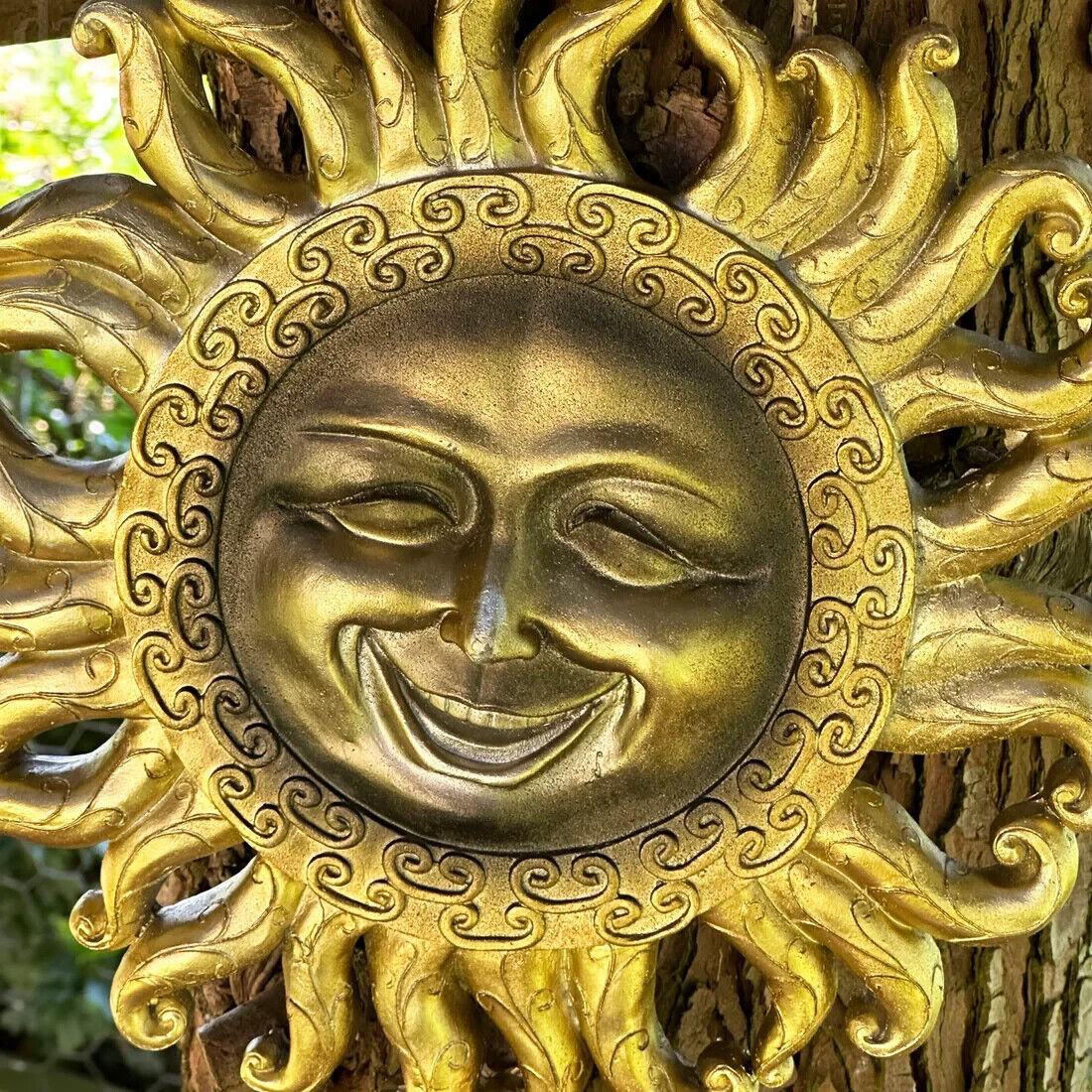 Resin Gold Jolly Sun Hanging Wall Plaque Garden Home Statue Decor Ornament