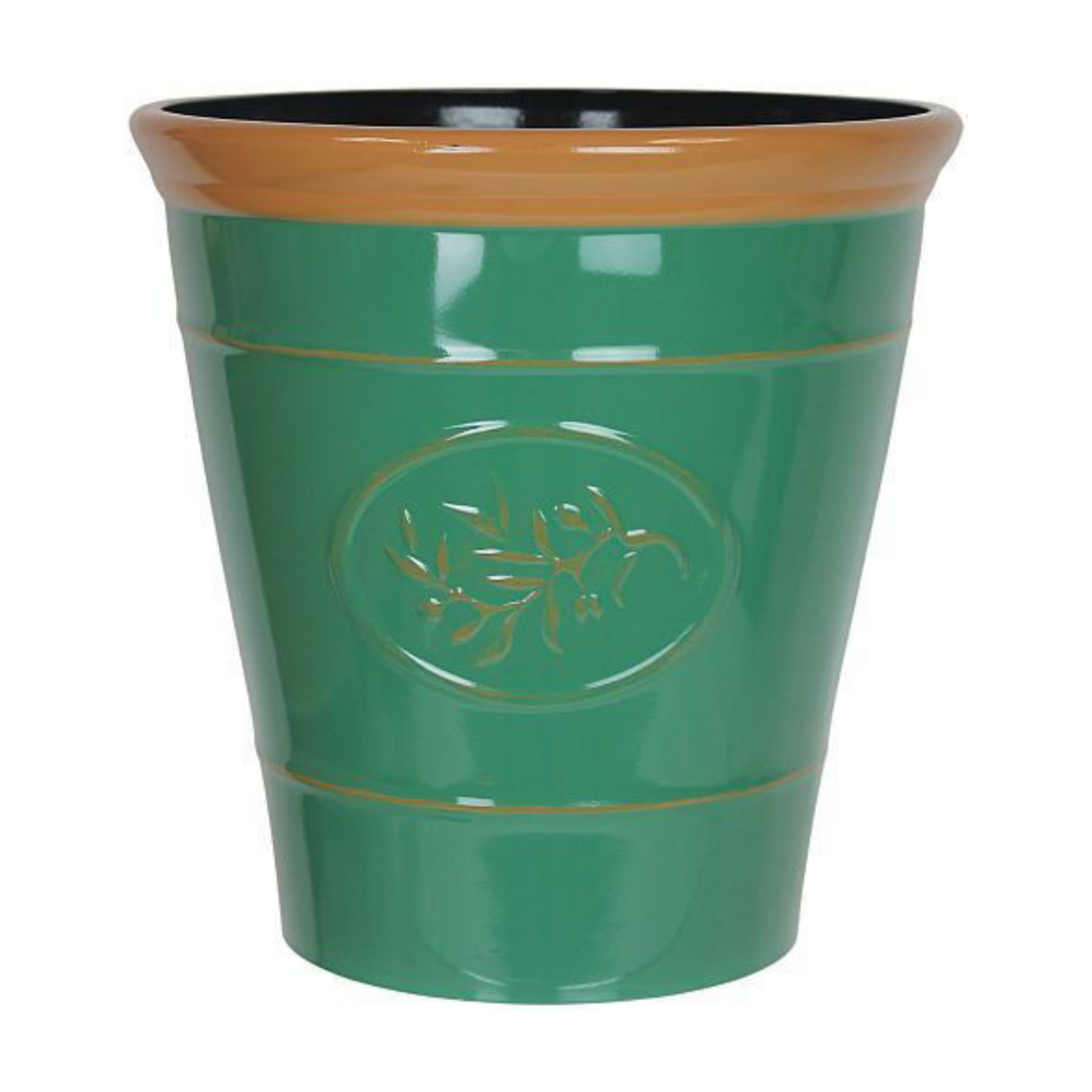 Set of 2 Round 23cm Olive Dark Green Plastic Brown Rim Gloss Garden Planter Pot