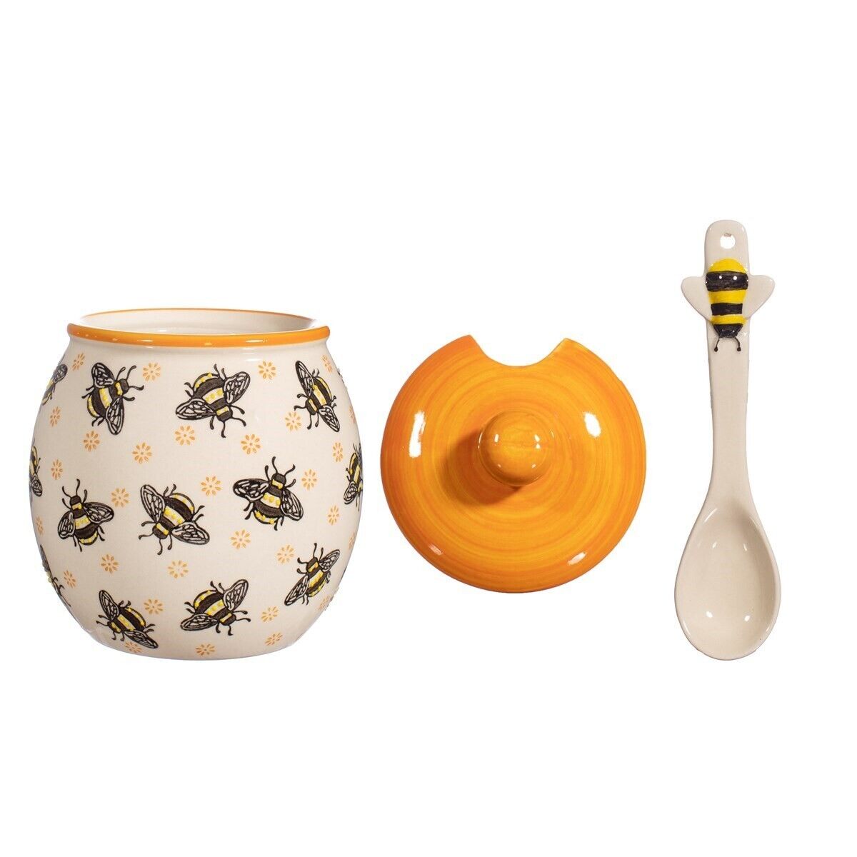400ml Ceramic Honey Pot With Spoon Drizzler Dipper Sweet Bee Jar Storage Boxed