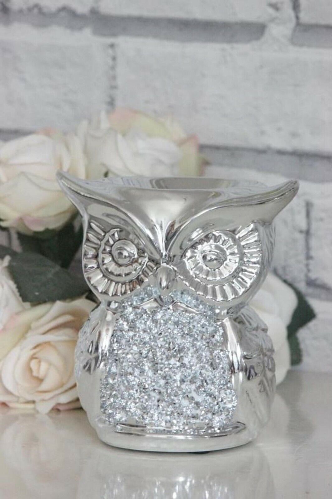 Silver Sparkle Glitter Owl Oil Burner Wax Tealight Candle Perfume Free Gift