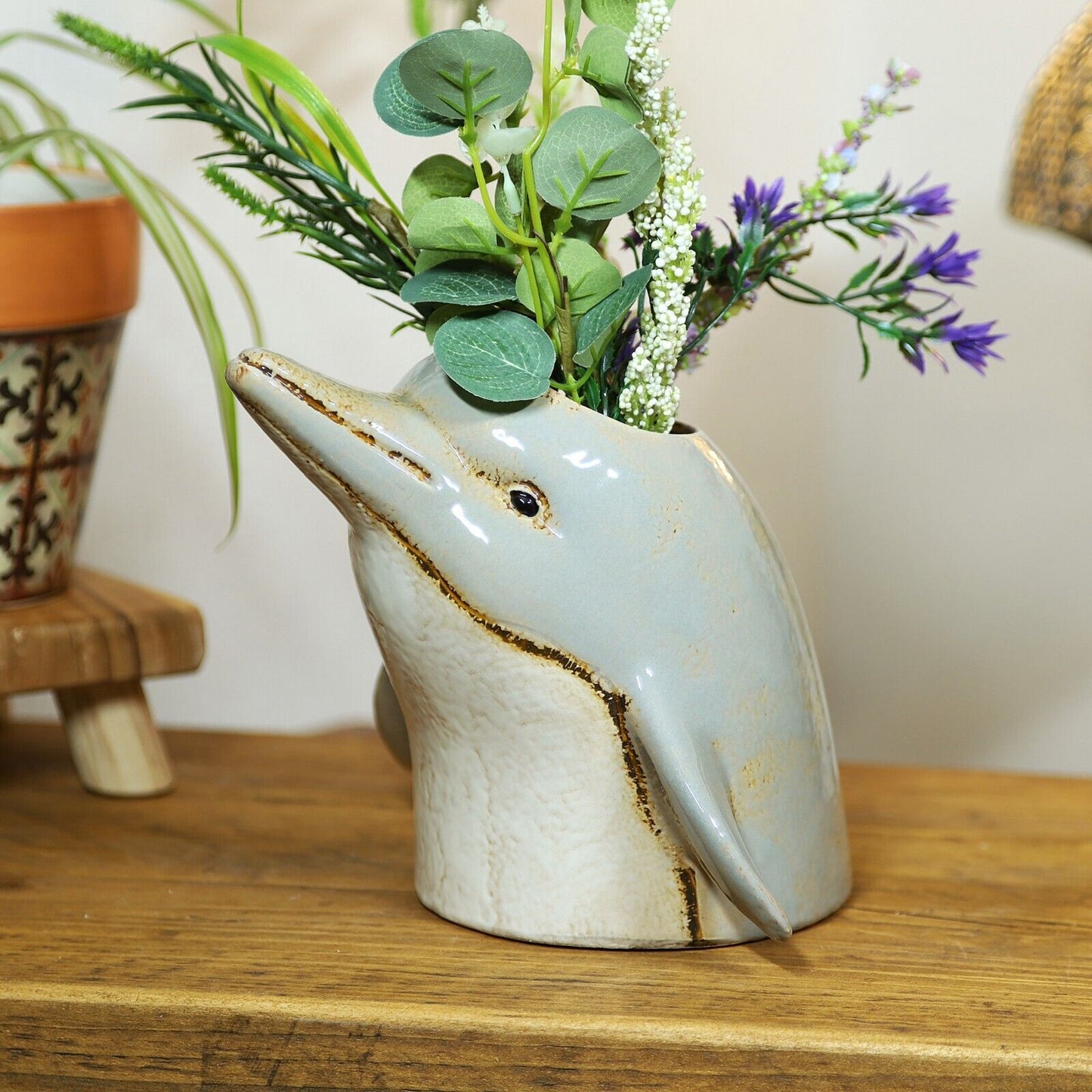Ceramic Dolphin Planter Glazed Fish Plant Pot Holder Sea Life Flower Holder