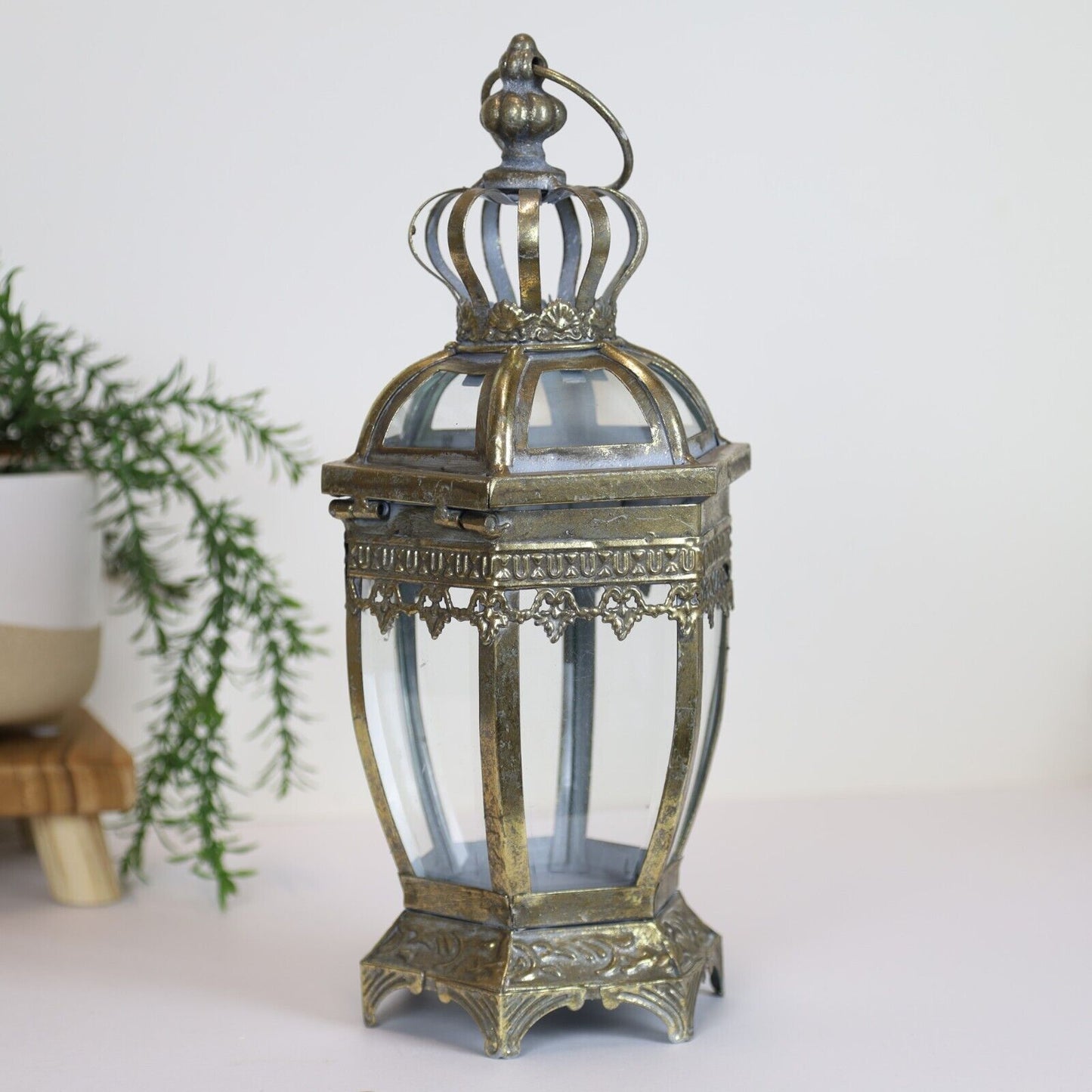Gold Tealight Vintage Candle Metal Lantern Hexagonal Pillar Glass Antique Style