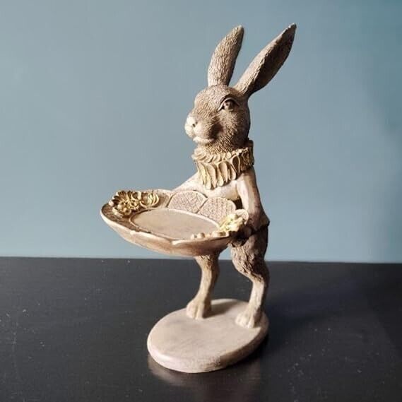 Resin Hare with Tray Bird Feeder Statue Garden Rabbit Bird Bath Bronze Sculpture