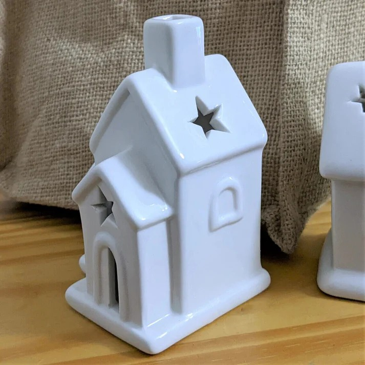 2Pc White Ceramic House- Church Glitter Light Up Hut Xmas Christmas Ornament