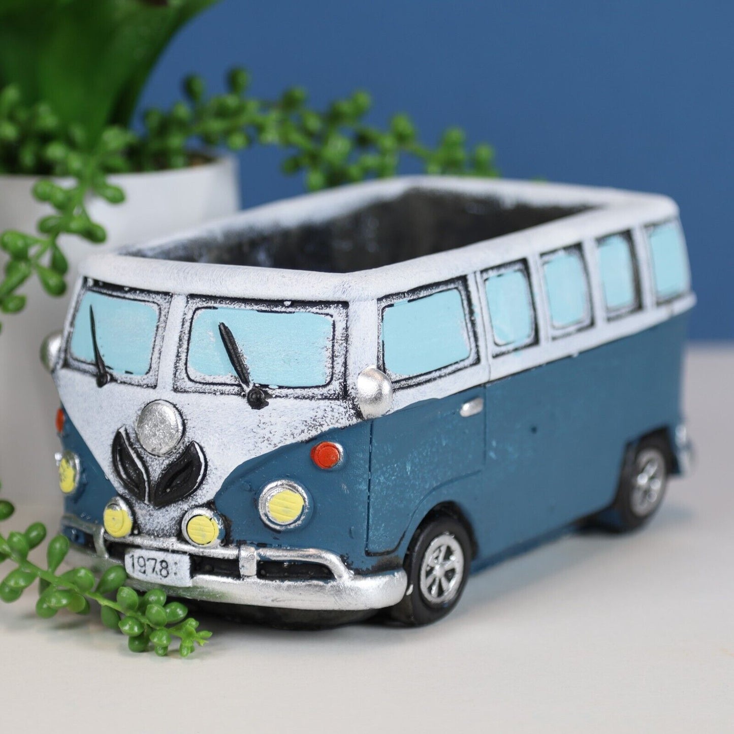 12cm Blue Campervan Planter Garden Plant Herb Flower Retro Pot Cement Trough