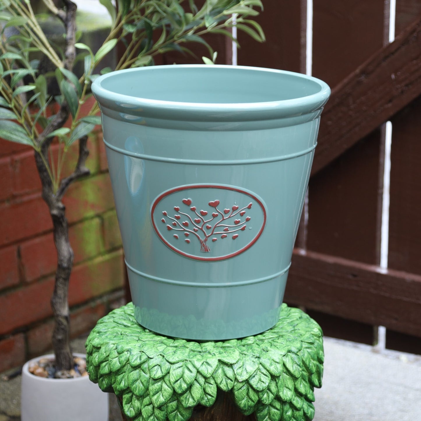 2Pc Plastic Olive Green Planter 30cm Round Outdoor 14L Gloss Garden Plant Pot