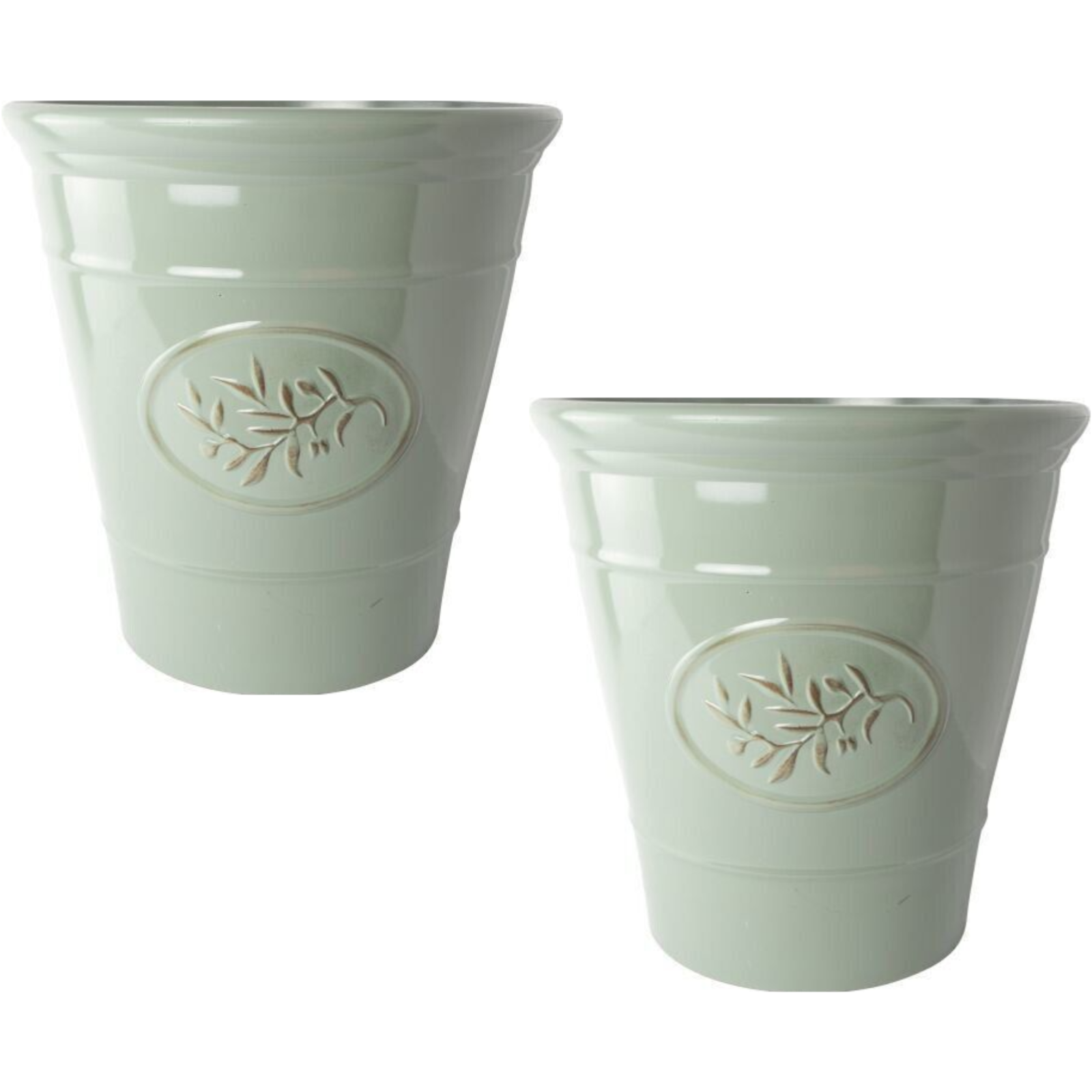 2Pc Large Olive Green Plastic Plant Pot 40cm Gloss Tall 34L Round Garden Planter