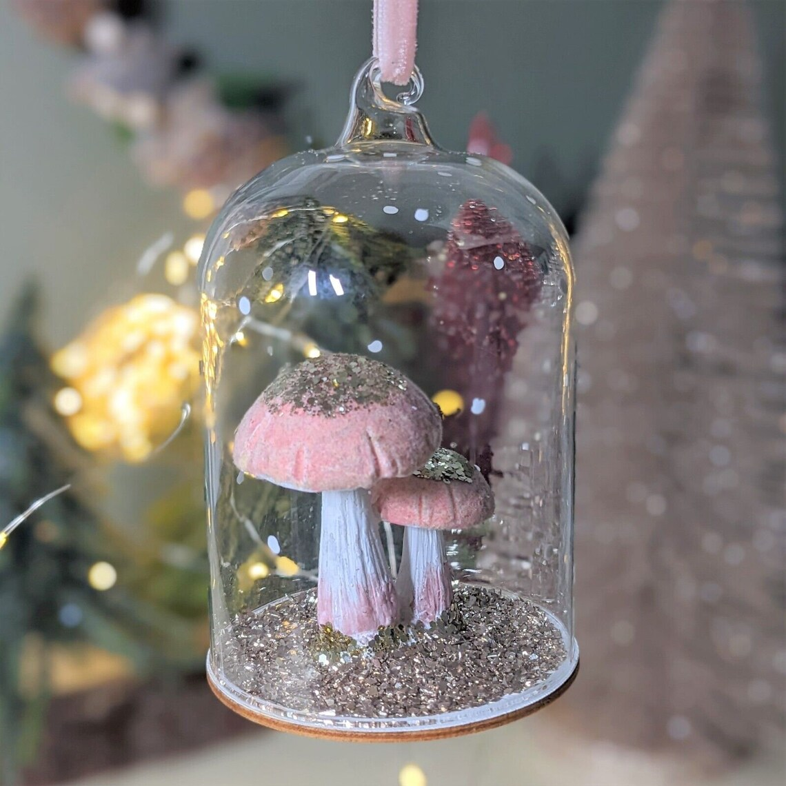 Gold Pink Mushroom Christmas Tree Hanging Bauble Decor Glitter Xmas Decor Cloche