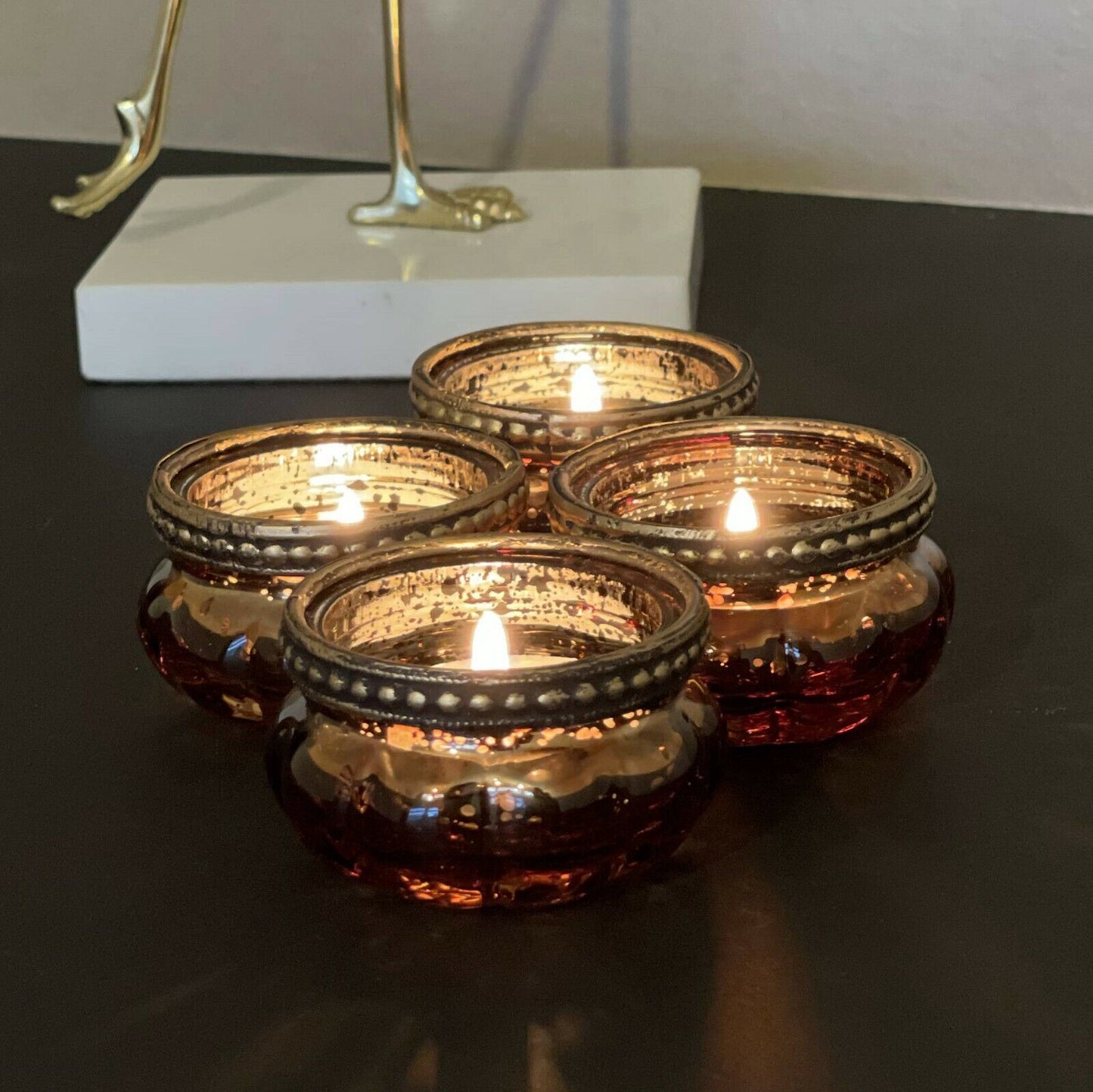 Set of 4 Ribbed Metal Rim Vintage Glass Tealight Candle Holders Wedding Bronze