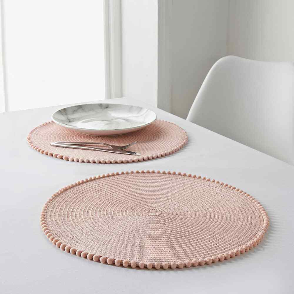 Table Placemats Round Pom Pom Pink Grey Ochre Yellow Set of 6 / 12 Place Mats