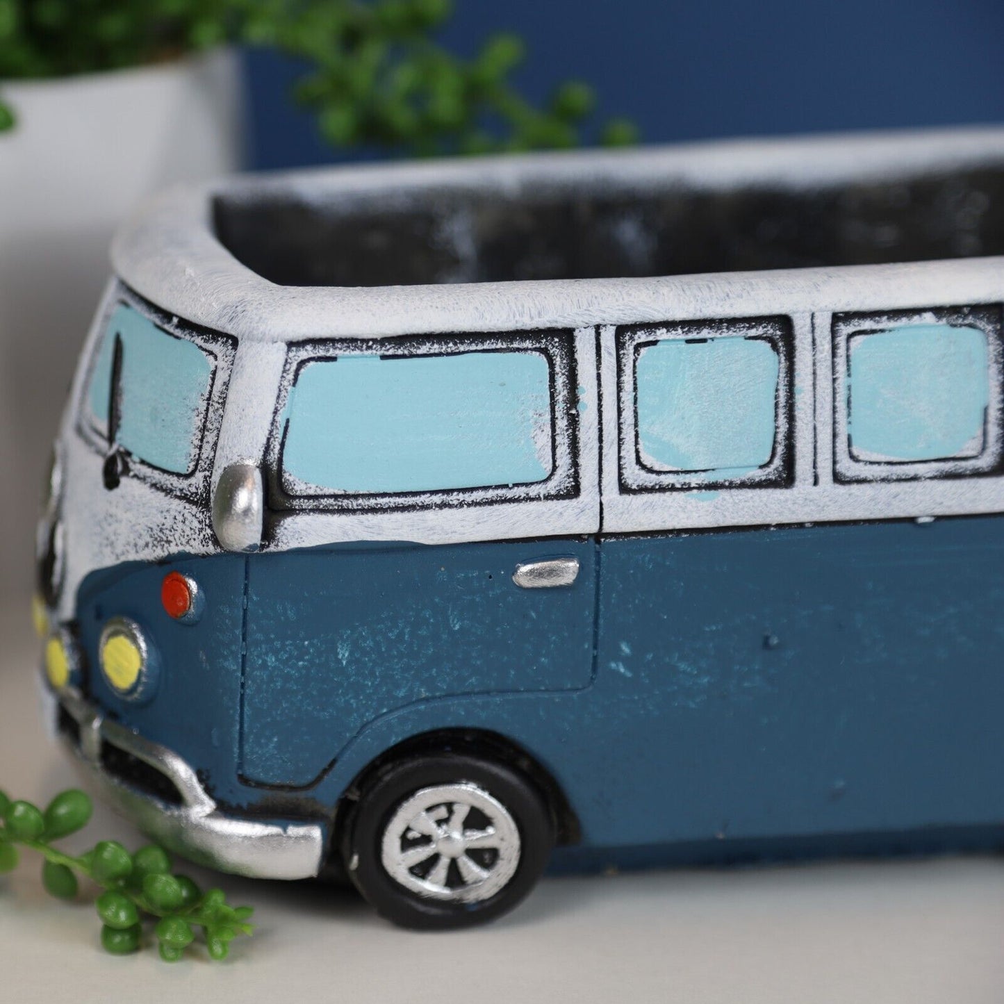 12cm Blue Campervan Planter Garden Plant Herb Flower Retro Pot Cement Trough
