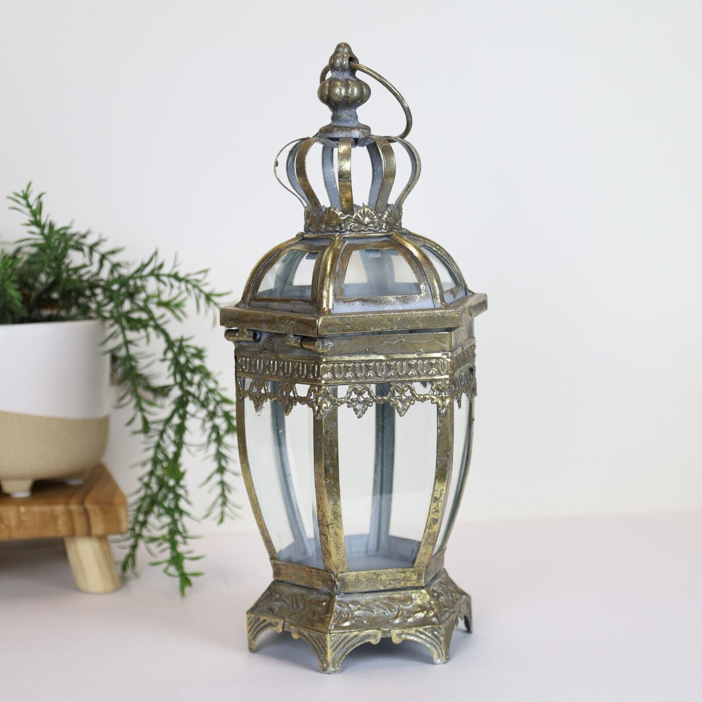 Gold Tealight Vintage Candle Metal Lantern Hexagonal Pillar Glass Antique Style