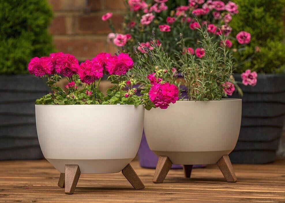 Large Cream Bowl Planter Plant Pot Cover Stand Legs Indoor Outdoor Garden Pot