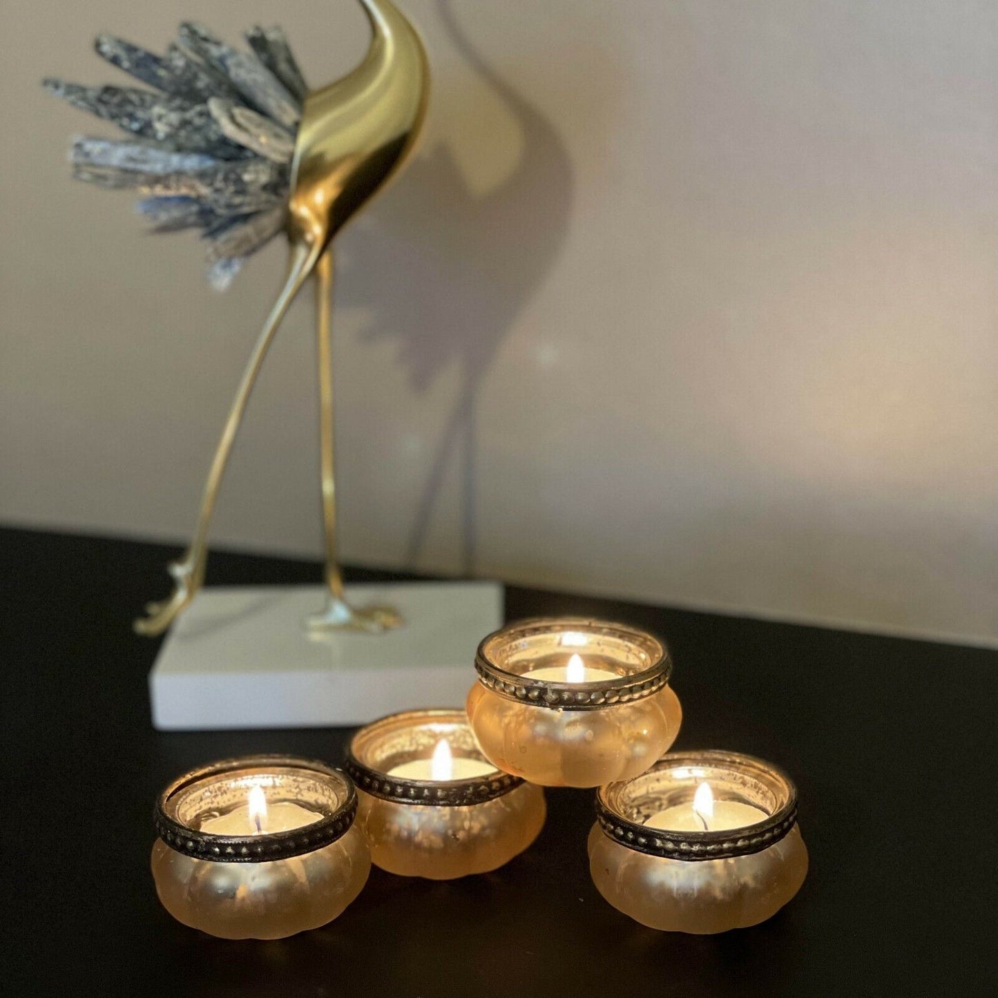 Set of 4 Ribbed Silver Rim Vintage Glass Tealight Candle Holders Wedding Golden