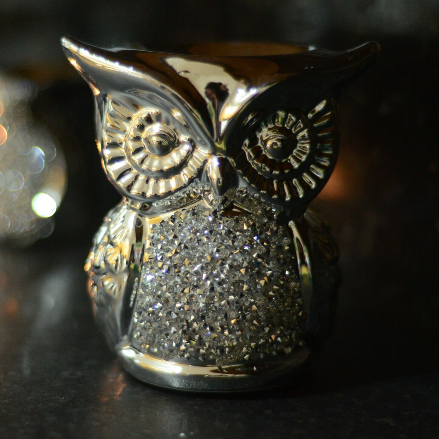 Silver Sparkle Glitter Owl Oil Burner Wax Tealight Candle Perfume Free Gift