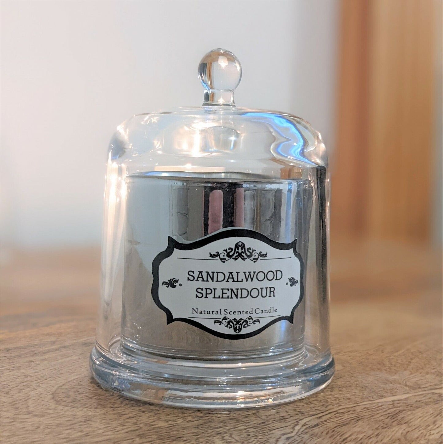 Scented Glass Candle Sandalwood Splendour Natural Candle With Bell Cloche Lid