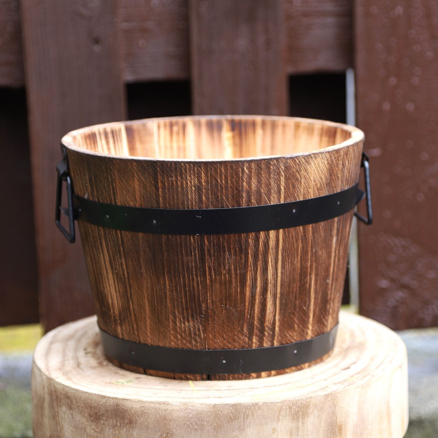 2Pc Round Wooden Barrel Planter 24cm with Metal Handles Band Garden Outdoor Tub