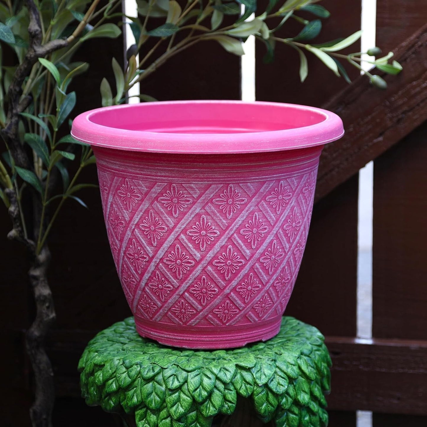 Planter Set of 4 Round 33cm Garden Plant Pot Woven Raspberry Pink Outdoor Cover
