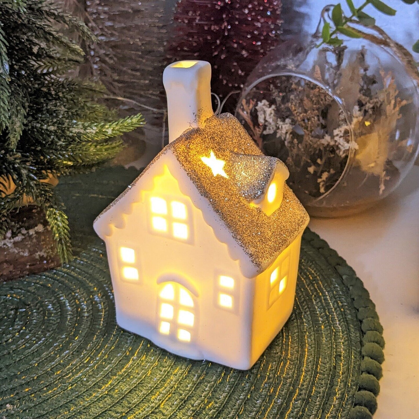 Cream Ceramic Warm LED Light Up Houses Huts Village Scene Christmas Ornaments