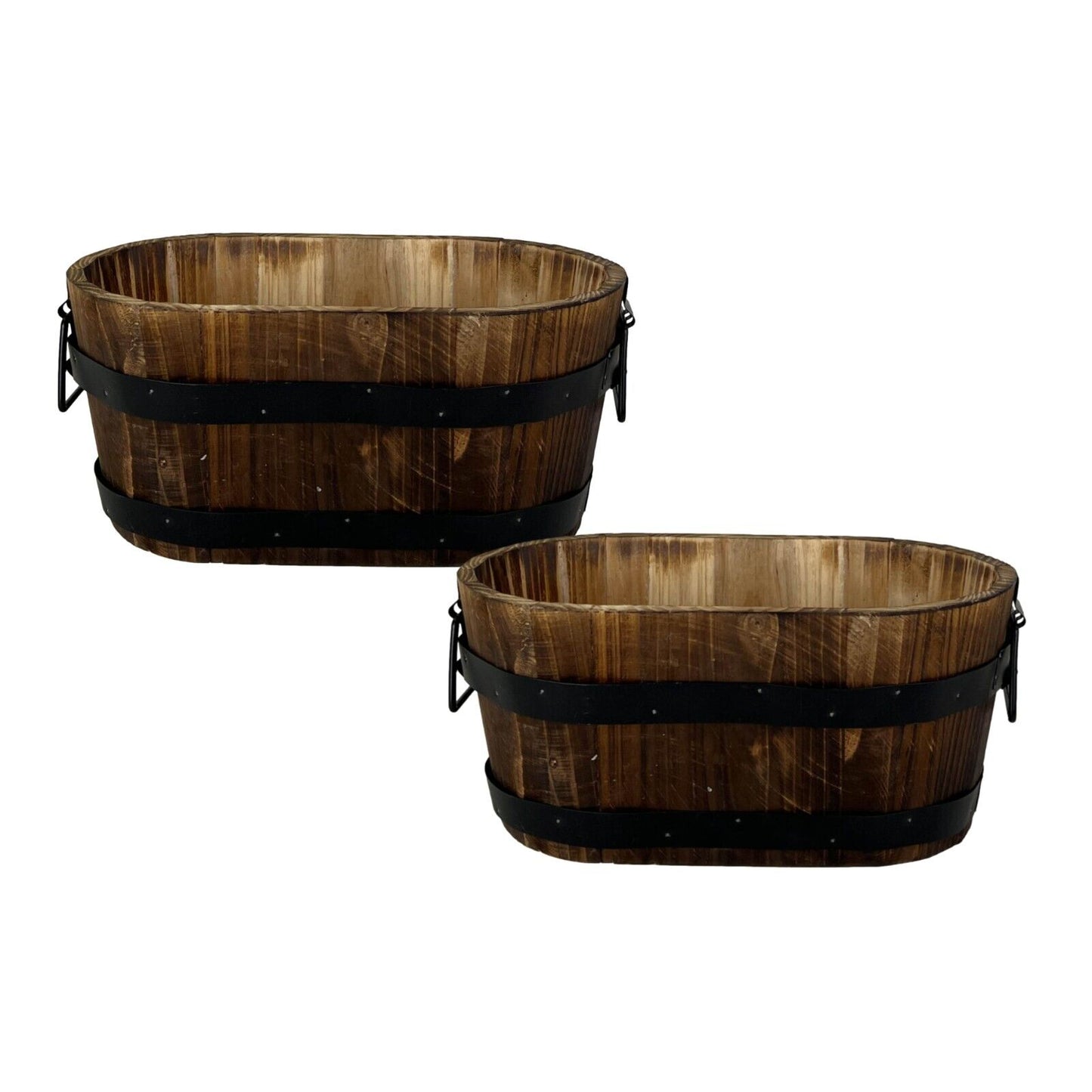 2Pc Oval Wooden Container Planter 30cm, Metal Handles Band Outdoor Garden Pot