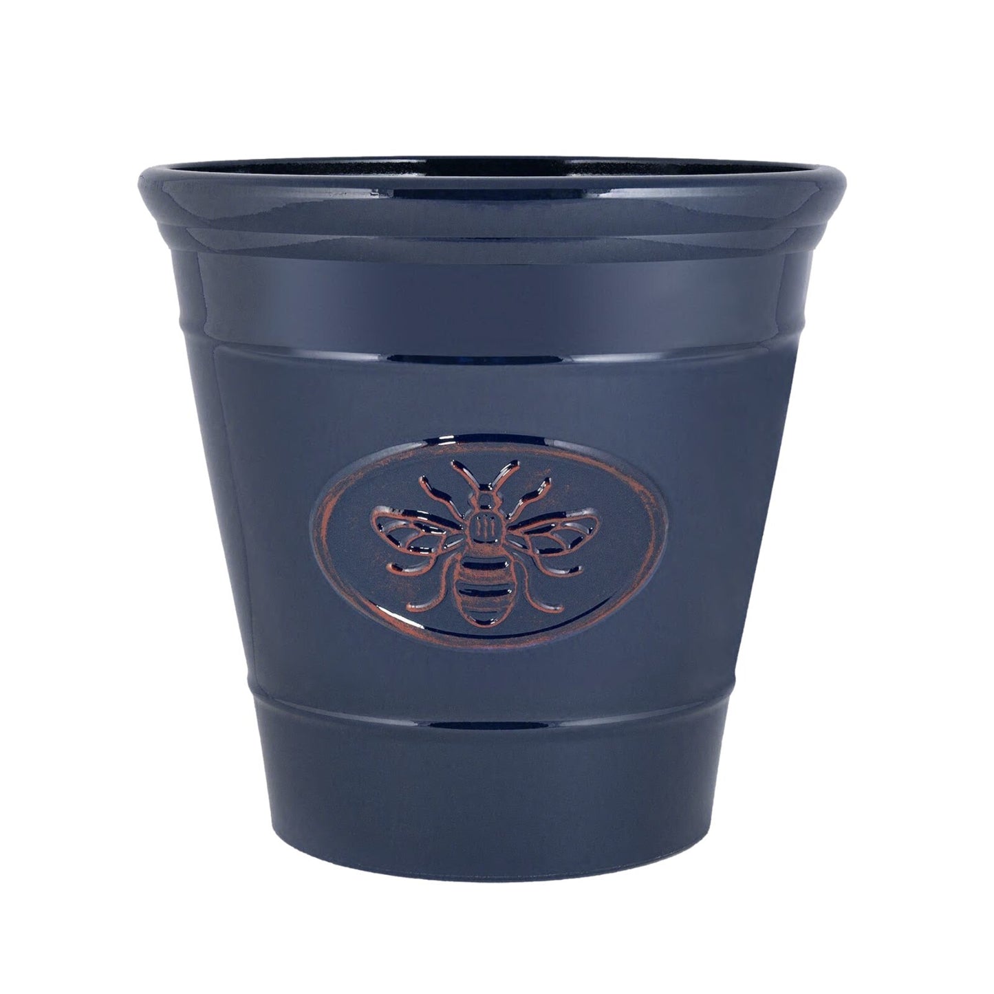 Round Plastic Blue Plant Pot 40cm Bee Embossed Pot 34L Glossy Garden Planter