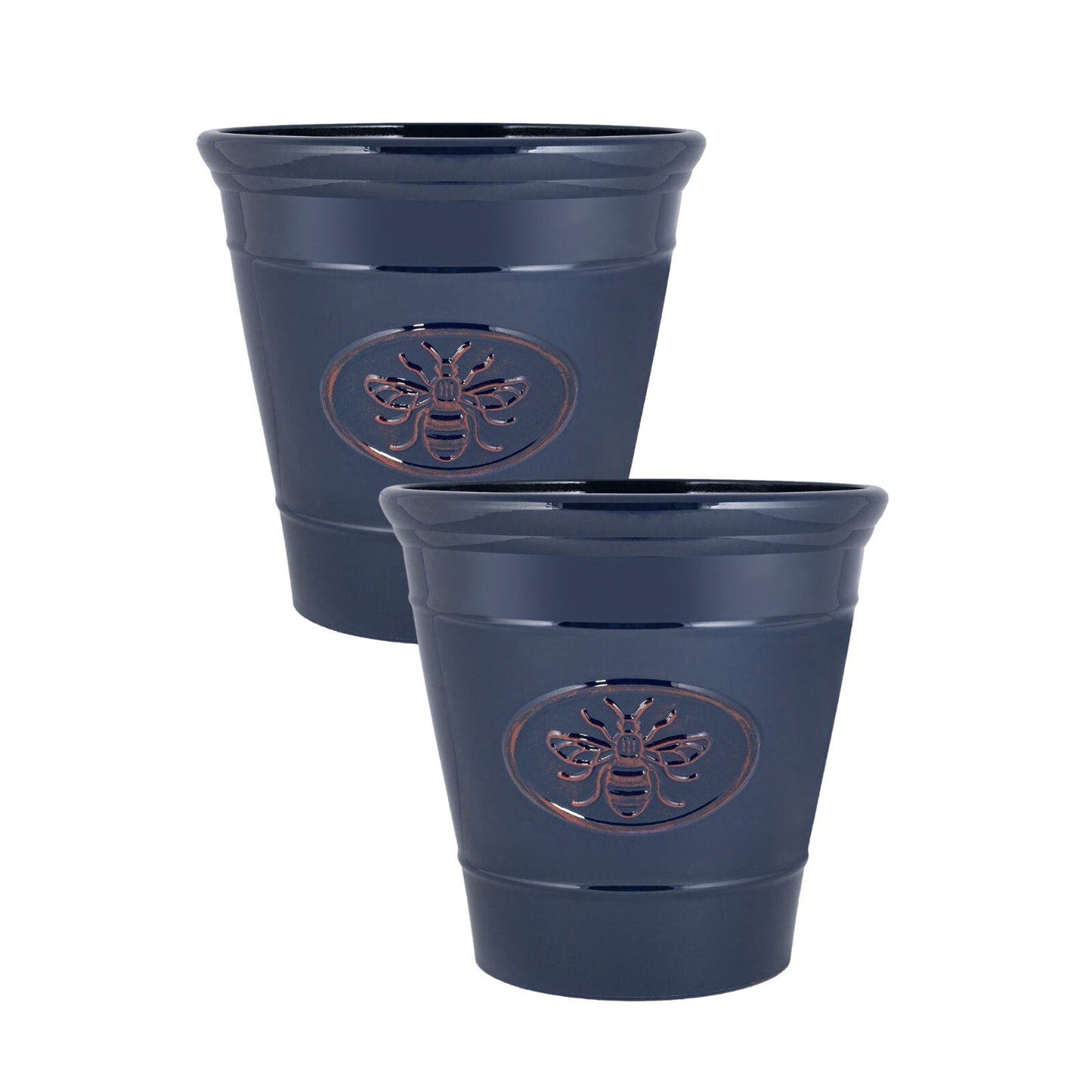 Round Plastic Blue Plant Pot 40cm Bee Embossed Pot 34L Glossy Garden Planter