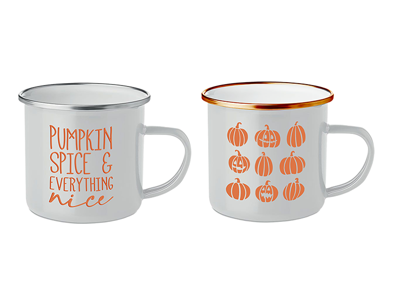 2 Pcs White Enamel Mug Coffee Tea Cup Pumpkin Autumn Halloween Kitchen Tableware