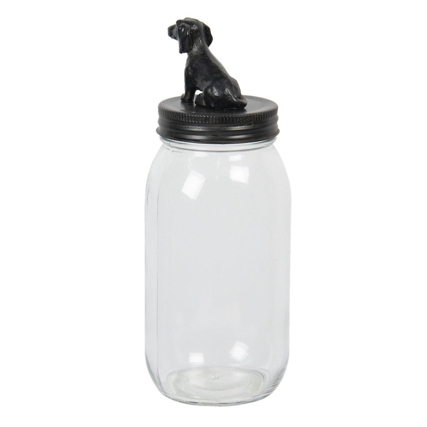 Glass Storage Jar with Black Metal Dog on Lid 750Ml Airtight Kitchen Dining Jar