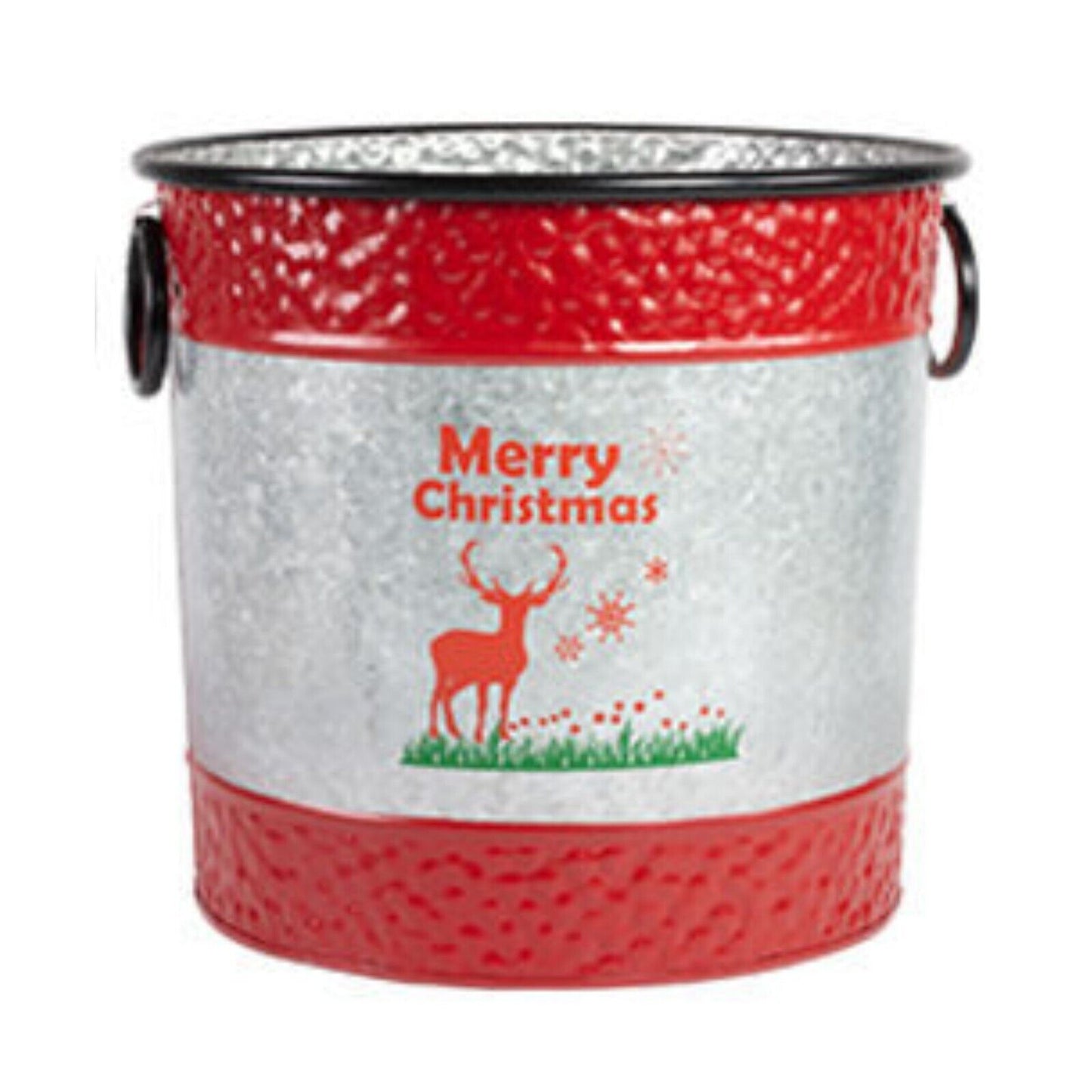 Christmas Stag Metal Red Plant Pot Drum Shaped Planter With Handles 27cm Xmas