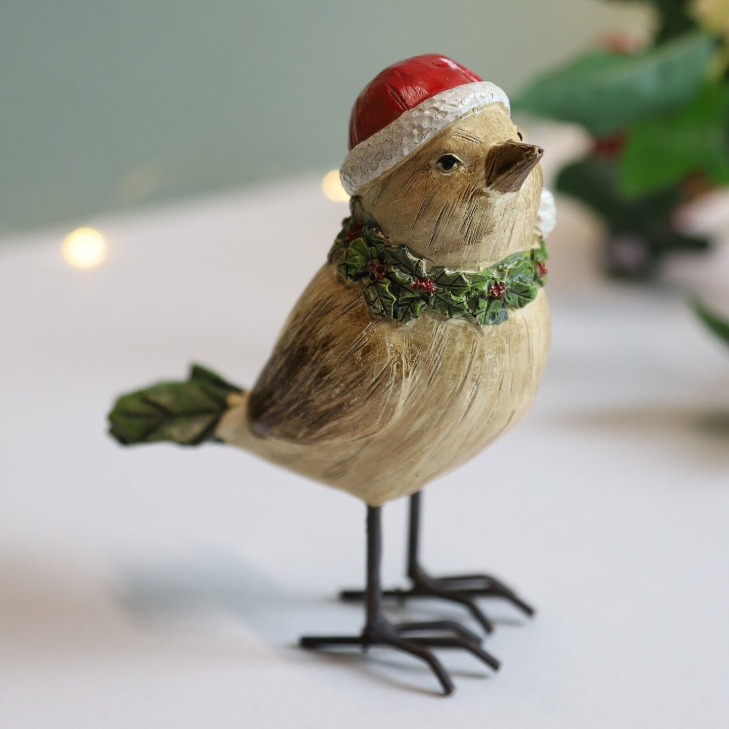 Christmas Bird Santa Cap Resin Sitting Robin Bird Winter Ornament Decoration