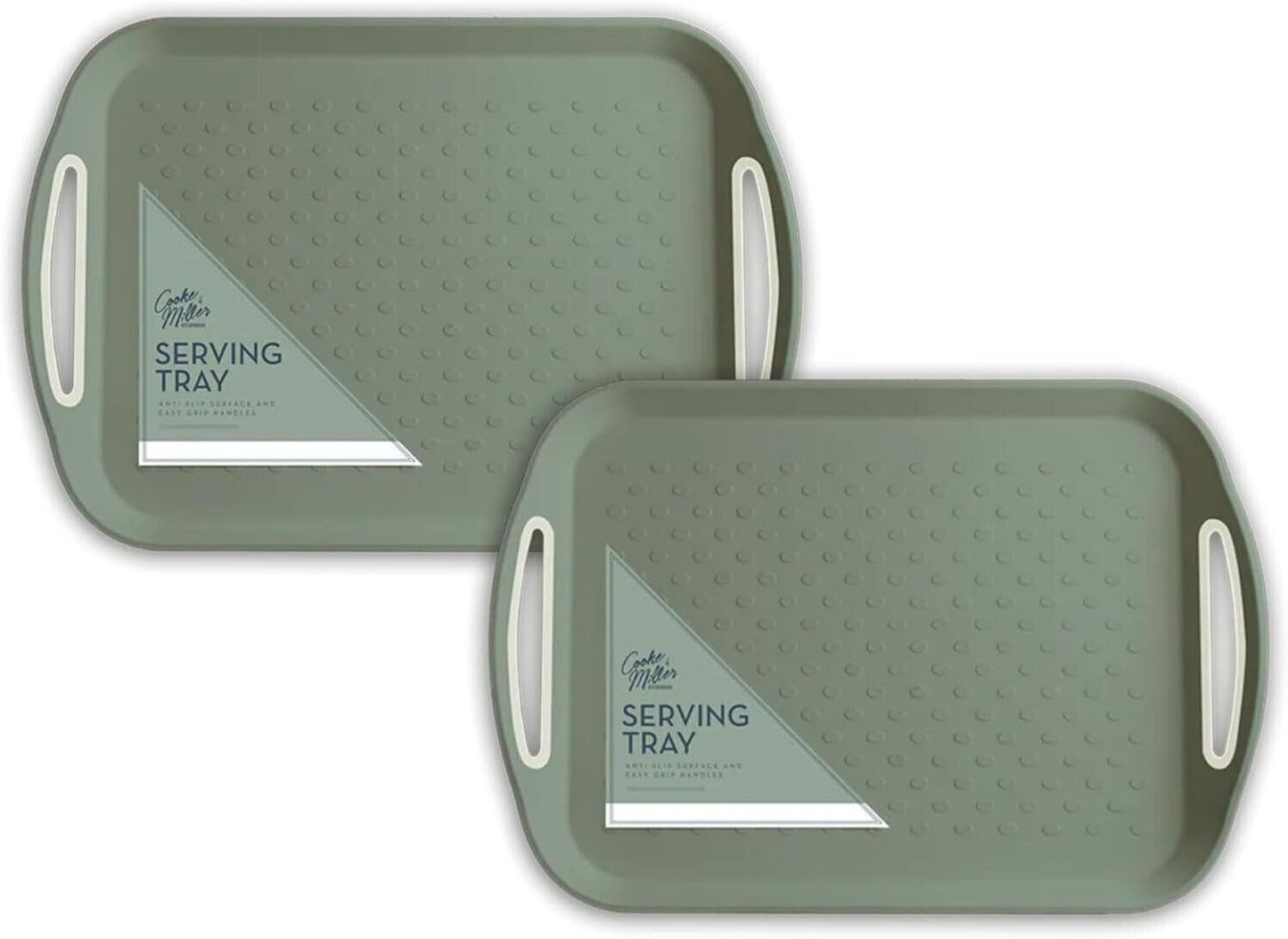 2Pc Green Plastic Anti Slip Serving Tray Rubber Easy Grip Handle Wipe Clean Tray