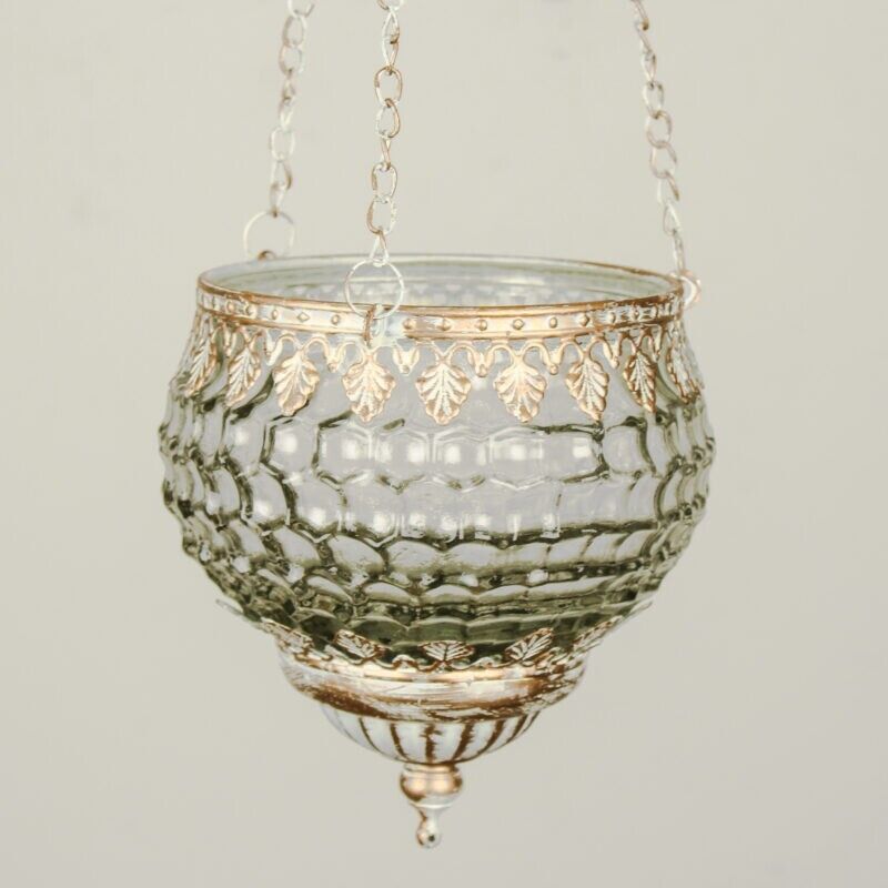 Glass Tealight Holder Hanging with Gold Aged Finish Vintage Style Home Decor