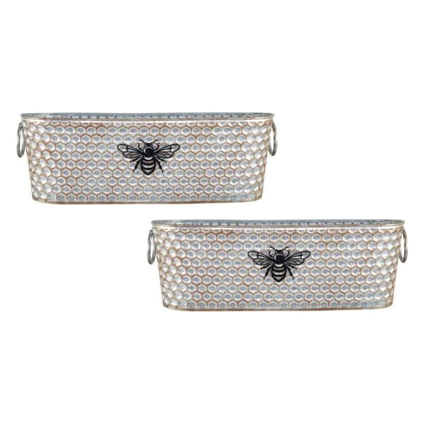 2Pc Metal Trough 40cm Honey Comb Bumble Bee Plant Pot Window Box Planter Gold