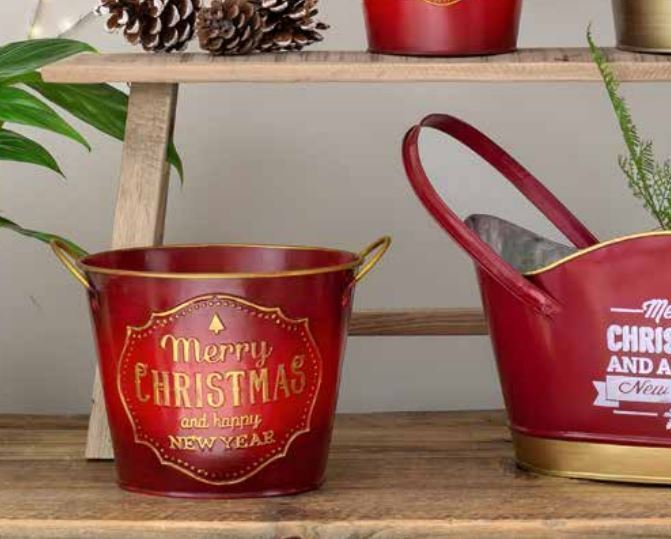 15cm Metal Christmas New Year Red Plant Pot Tin Pail Planter Gold Decor