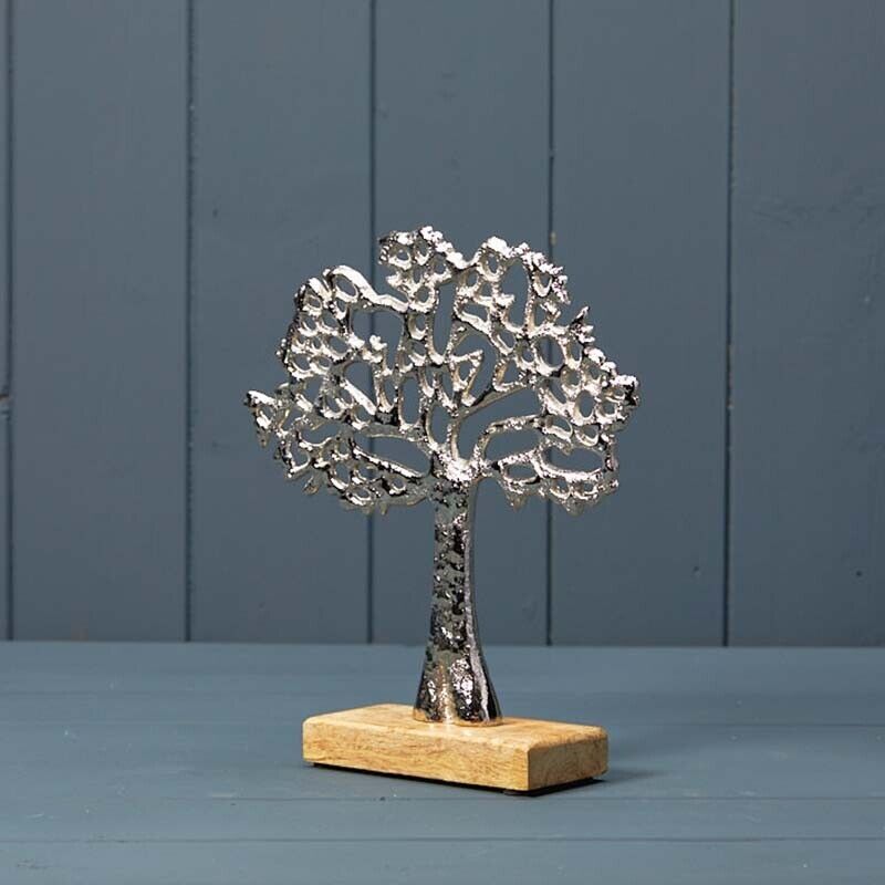 Aluminum Silver Tone Tree of Life Sculpture on Mango Wooden Base 22cm Home Decor