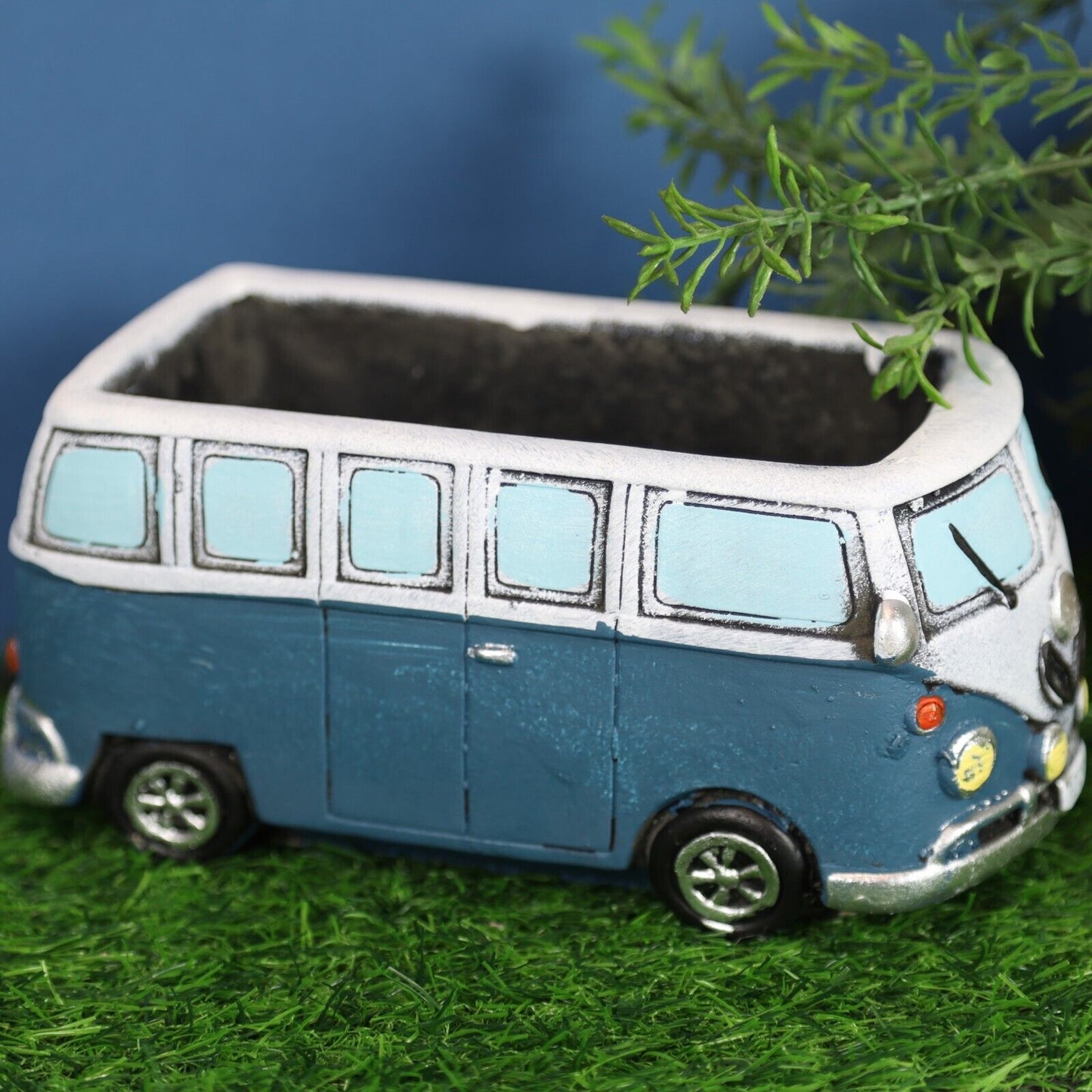 12cm Blue Campervan Planter Garden Plant Herb Flower Retro Pot Cement Trough