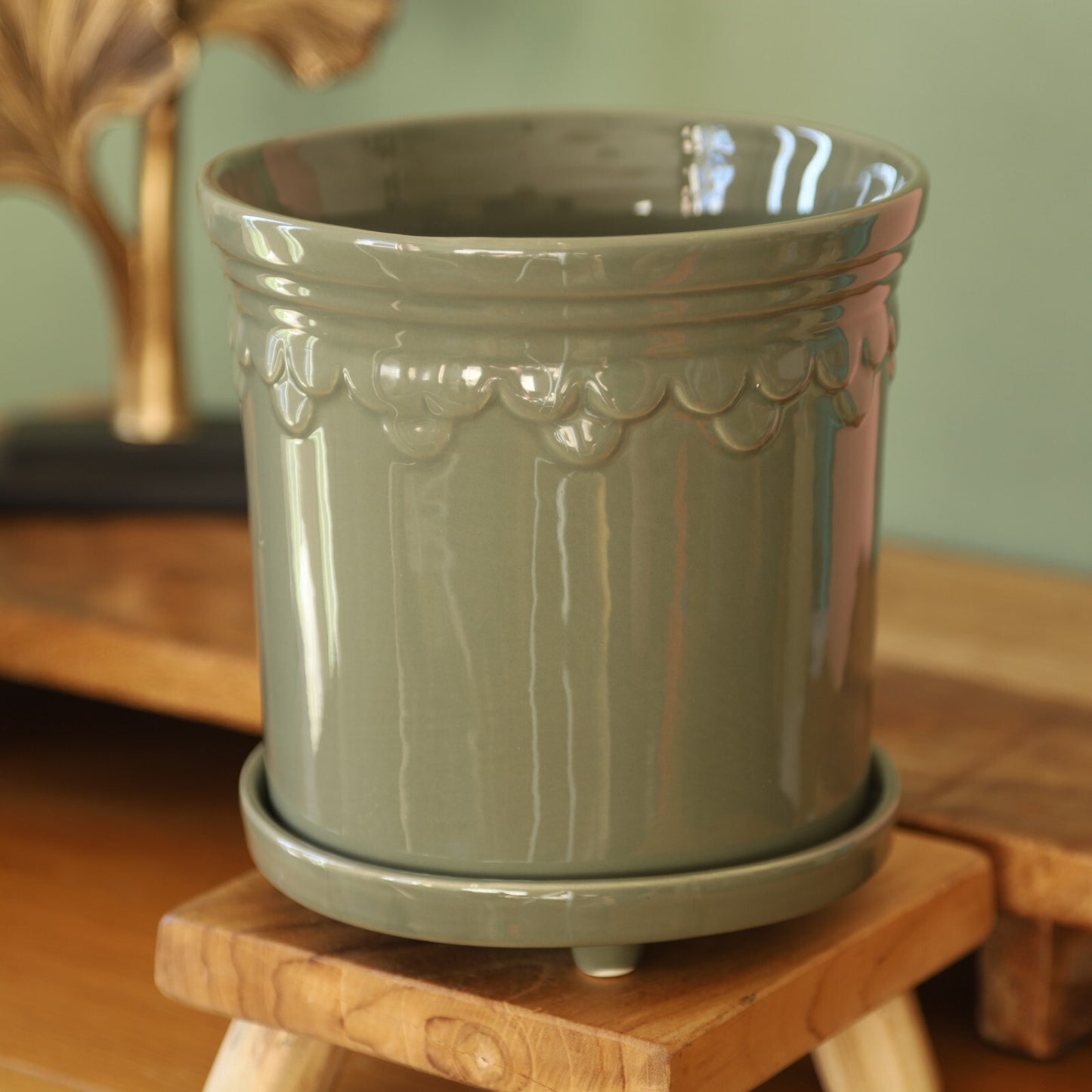Ceramic Sage Green Plant Pot Raised Saucer Scalloped Edge Glazed Planter Outdoor