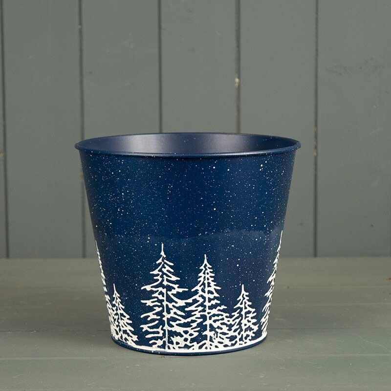 18cm Metal Christmas Plant Pot Planter Blue Winter Night Scene Embossed Planter