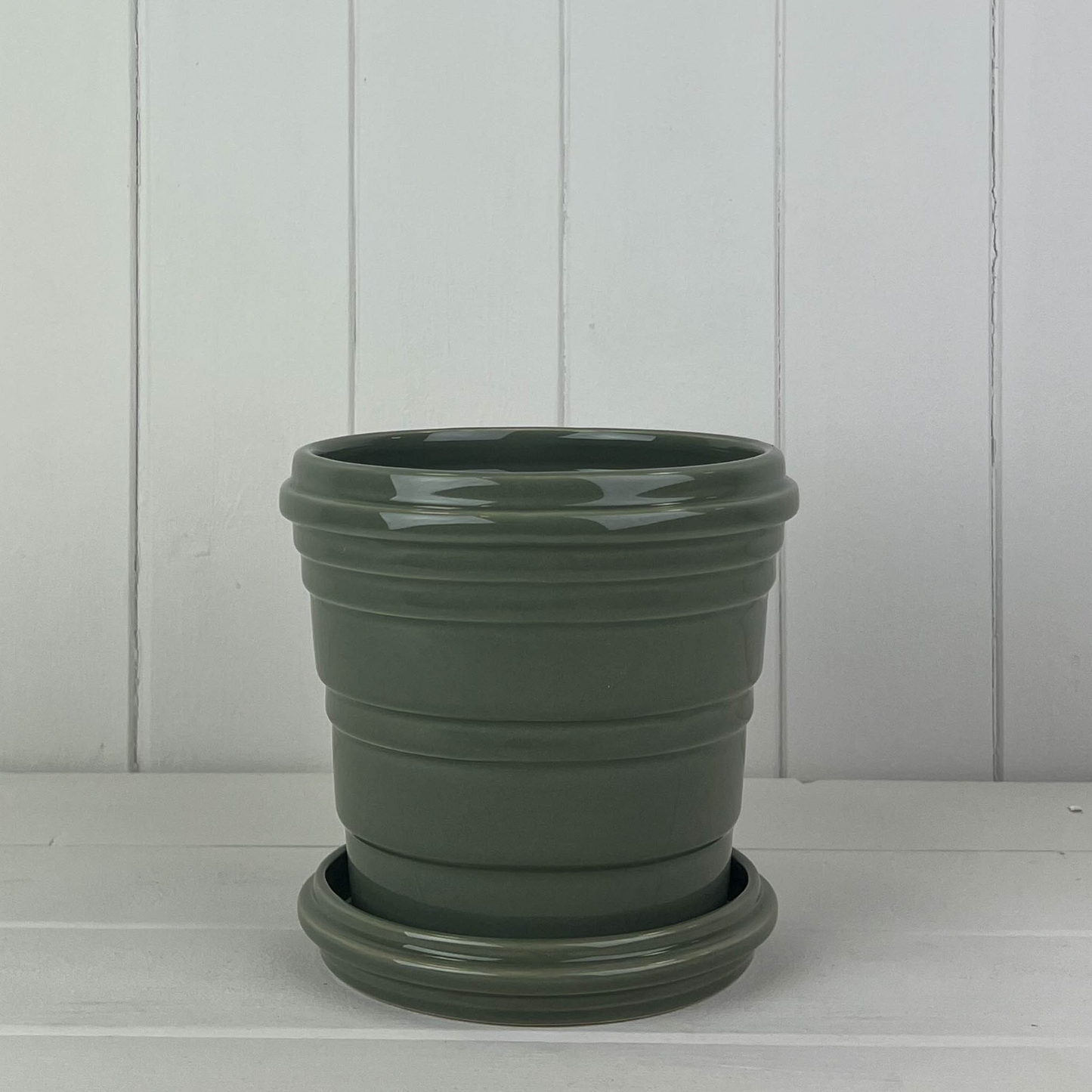 Green Ceramic Plant Pot & Saucer 16cm Sage Pot Ribbed Indoor Glazed Planter