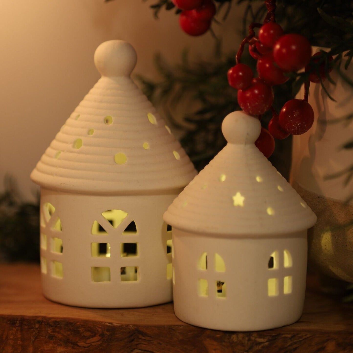 White Ceramic Warm LED Light Up Round House Christmas Freestanding Hut Ornaments